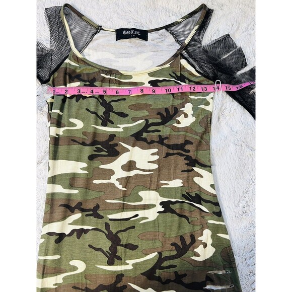Toxic-Green/Brown-Body Con-Mini Camo Dress-with Distressed Mesh Sleeves-Lg.-Used - Picture 5 of 15